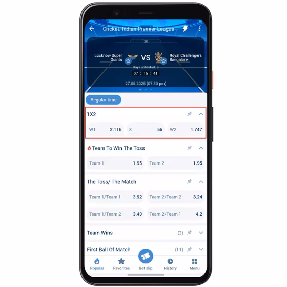 Selecting 1x2 pre-match market on LSG vs RCB IPL game on the 1xBet app