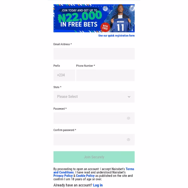 Nairabet app registration page