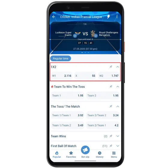 Selecting 1x2 pre-match market on LSG vs RCB IPL game on the 1xBet app