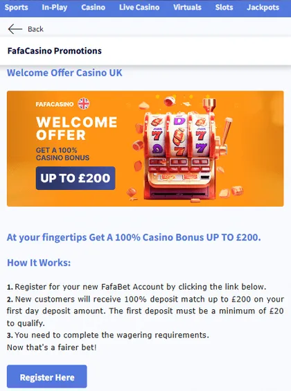 How Does the UK Casino Bonus Work? Fafabet&rsquo;s casino bonus gives new players a 100% deposit match up to &pound;200,