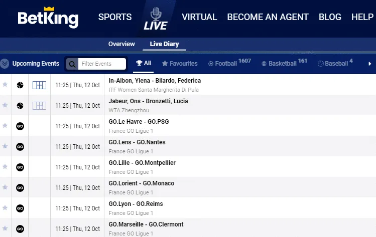 BetKing mobile in-play betting, live bets