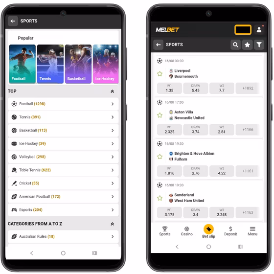 Melbet mobile site showing sports categories and football betting odds