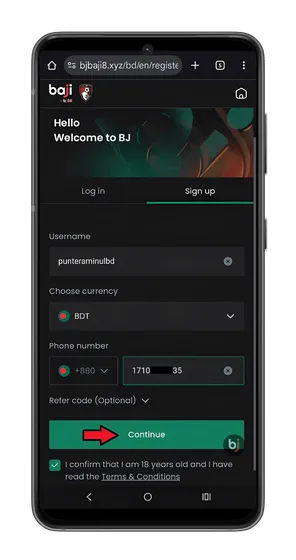 Screenshot showing the Baji registration screen on mobile with the username and phone number entered and a red arrow pointing at 'Continue'.