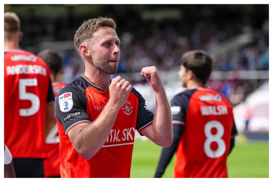 Jordan Clark celebrating his goal for Luton