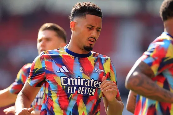 Arsenal's William Saliba pictured during a warm-up