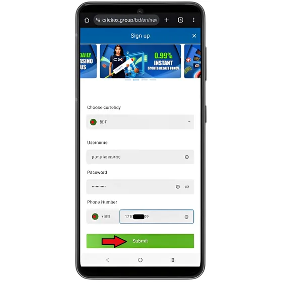 Mobile screenshot of Crickex site showing the registration page with the username, password, and mobile number entered, along with an arrow pointing at 'Submit'