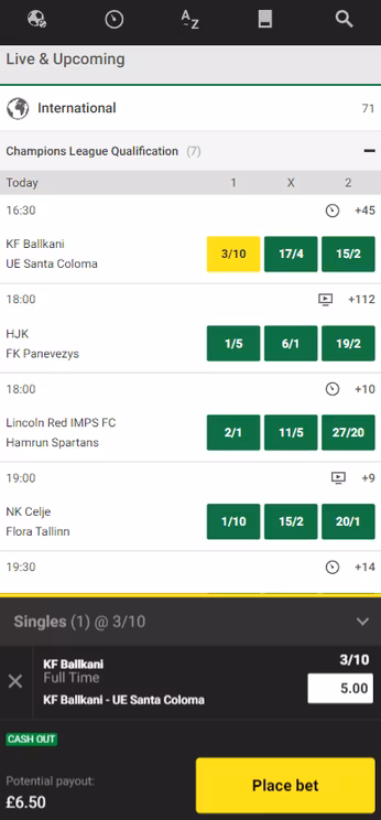 Unibet app football betting example