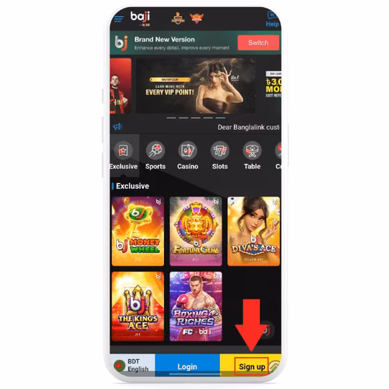 Arrow pointing at Sign Up option on Baji app