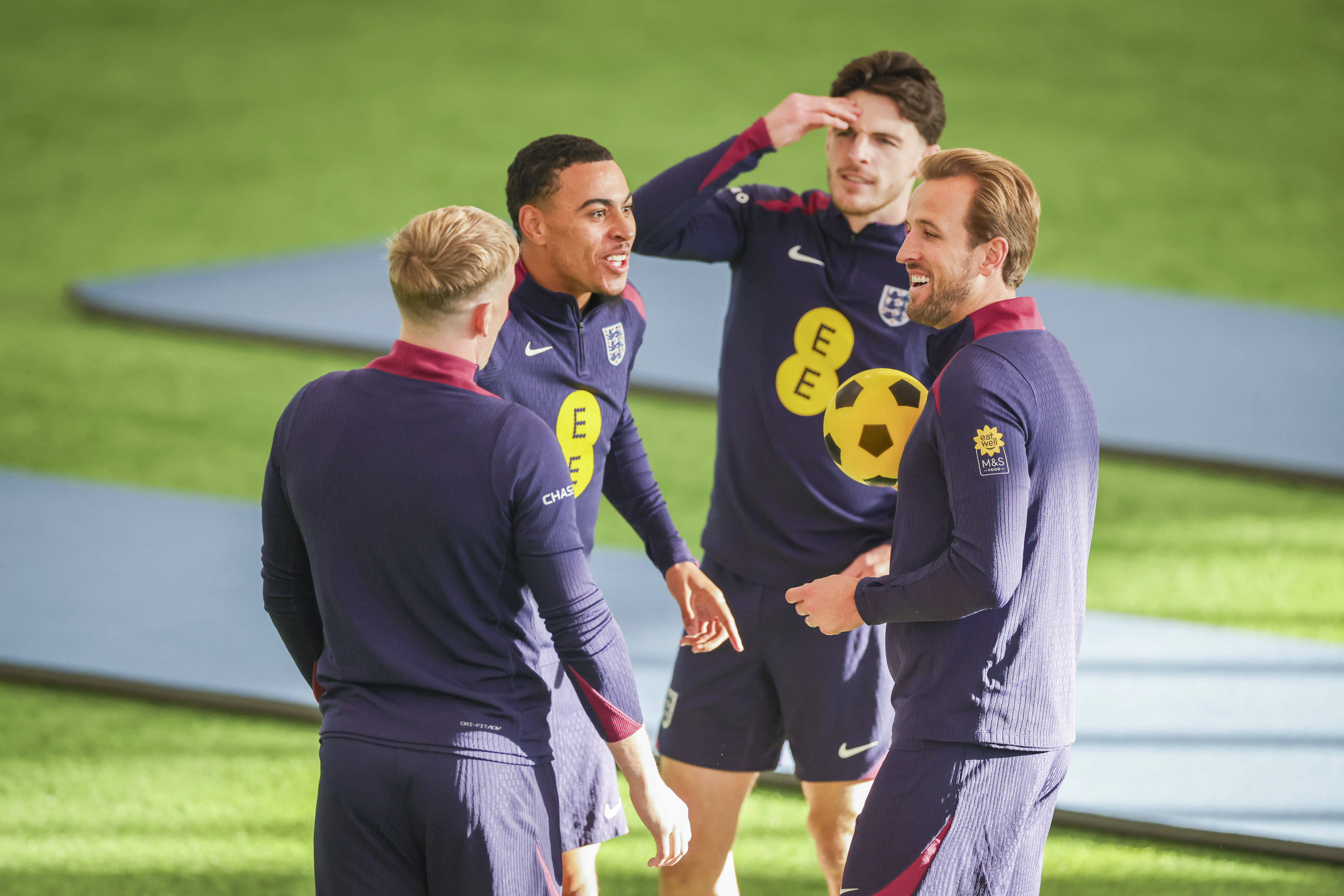 Morgan Rogers with Declan Rice and Harry Kane during England training 