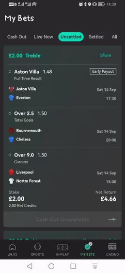 Pic of the final bet slip after using the Edit Bet feature on Bet365 mobile app.