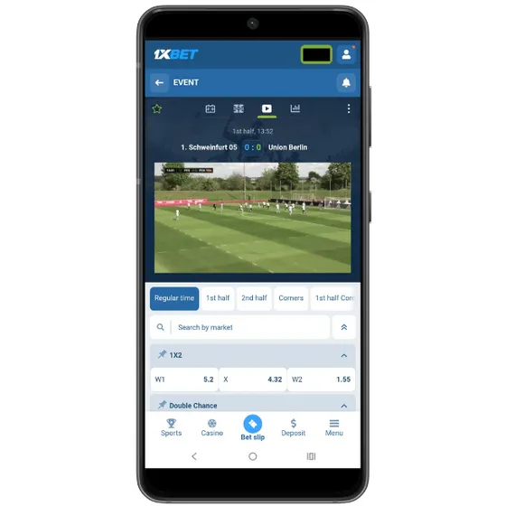 Mobile screenshot of a football match livestream on 1xBet, showing in-play odds and betting markets for Schweinfurt 05 vs Union Berlin