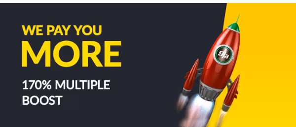 Promotional image featuring bold text stating &ldquo;We Pay You More&rdquo; and &ldquo;170% Multiple Boost.&rdquo; A red rocket with the 9ja logo is blasting off, symbolizing increased winnings or betting boosts.