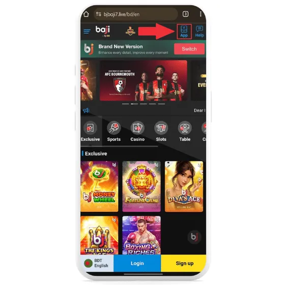 Arrow pointing at the Baji app download option