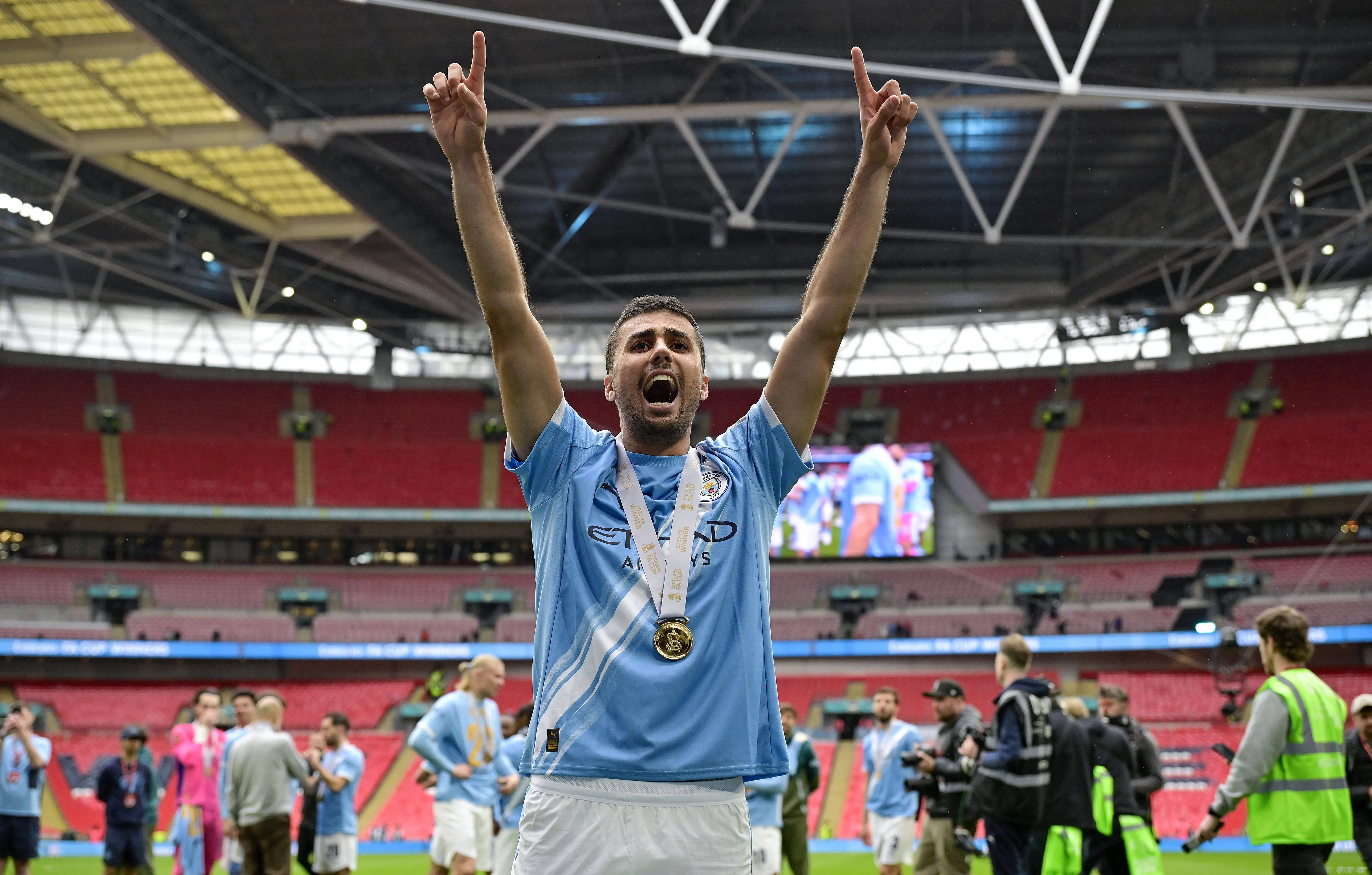 Rodri of Manchester City celebrates winning the FA Cup
