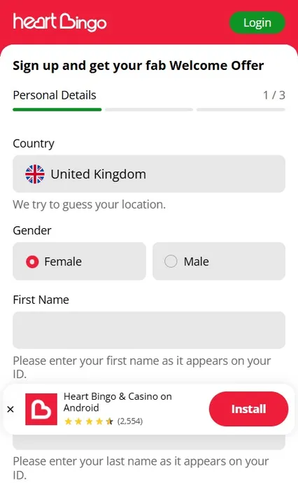 Heart Bingo sign up process, registration form for new uk customers