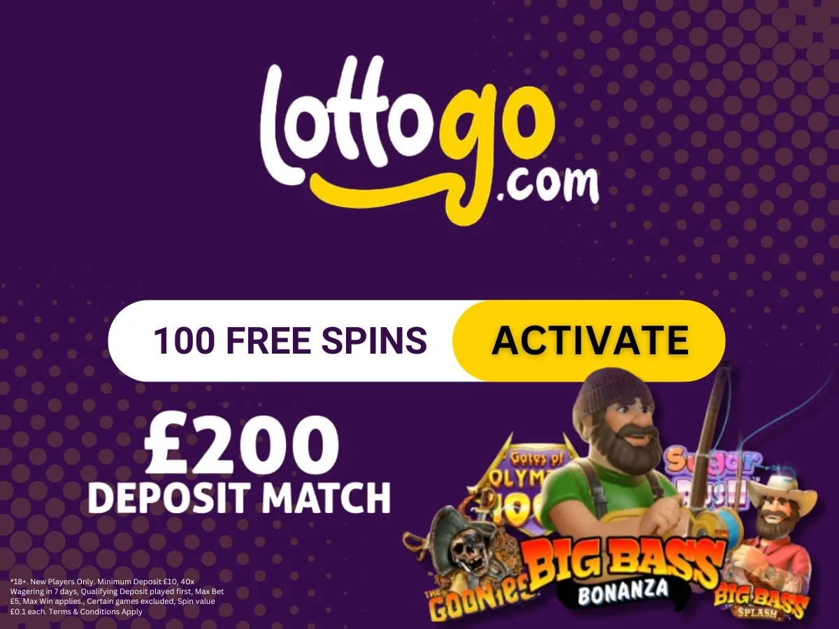 Lottogo welcome bonus: 100% Deposit Match up to &pound;200 & 100 Bonus Spins