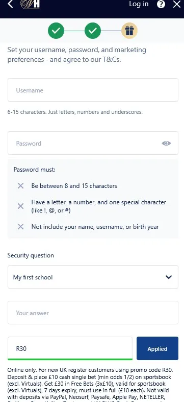 william hill registration form and promo code field
