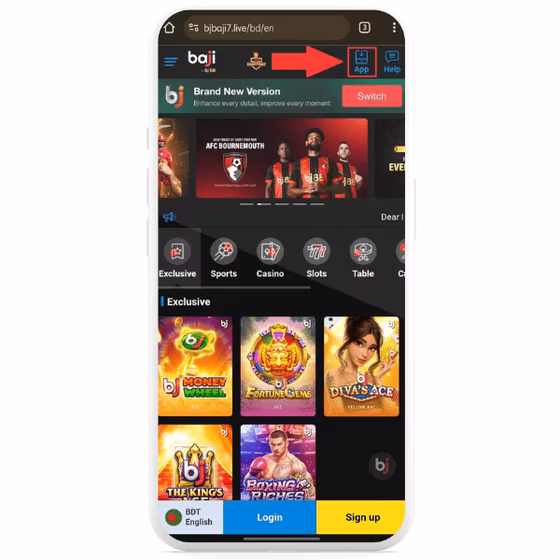 Arrow pointing at the Baji app download option