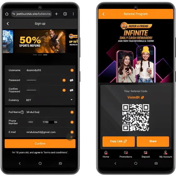 Two screenshots of the JeetBuzz mobile site, showing the sign-up form with registration fields and the referral programme with QR code, referral code and options to share the code