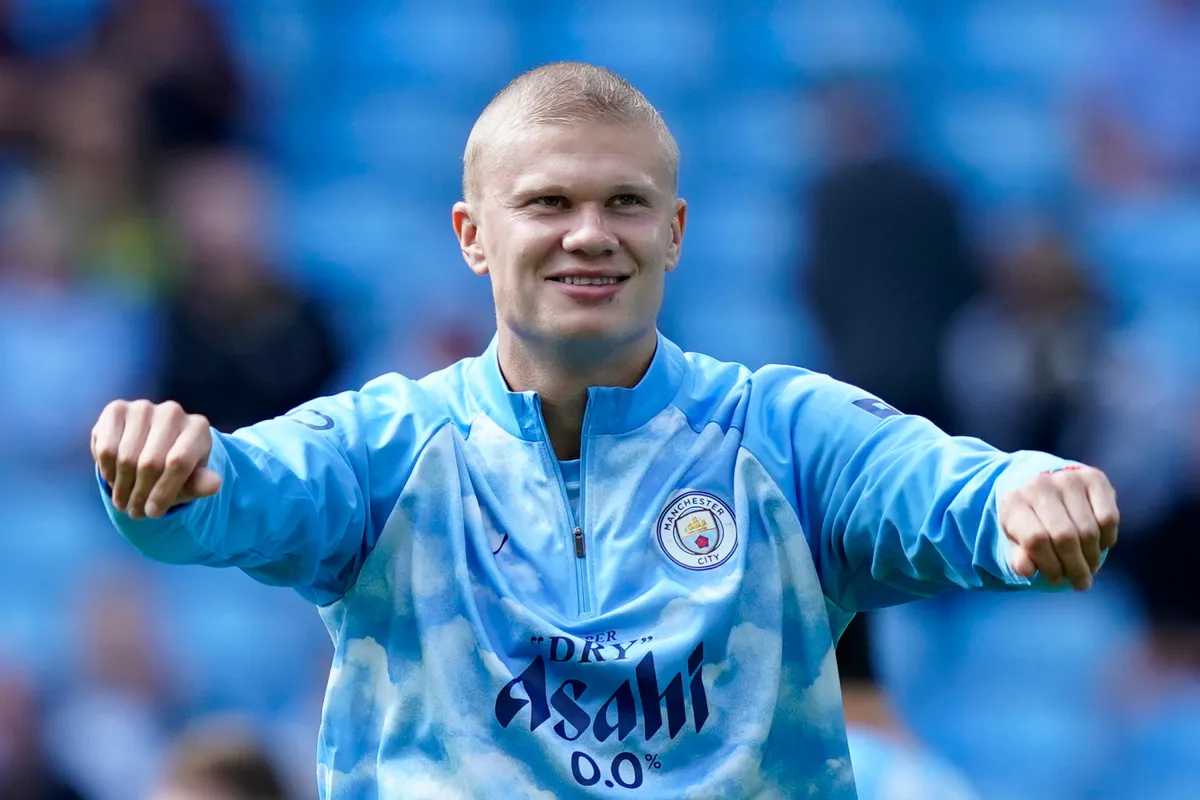 Man City striker Erling Haaland during warm up.