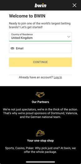 Image of the Bwin sign up process on the mobile app.
