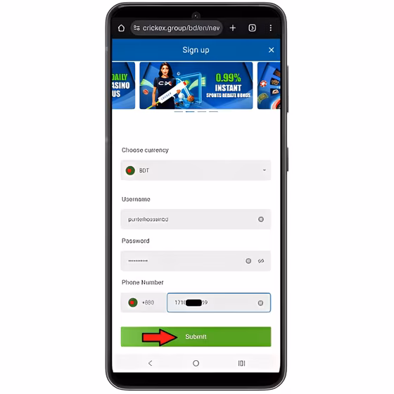 Mobile screenshot of Crickex site showing the registration page with the username, password, and mobile number entered, along with an arrow pointing at 'Submit'