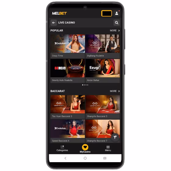 Melbet mobile site displaying live casino games