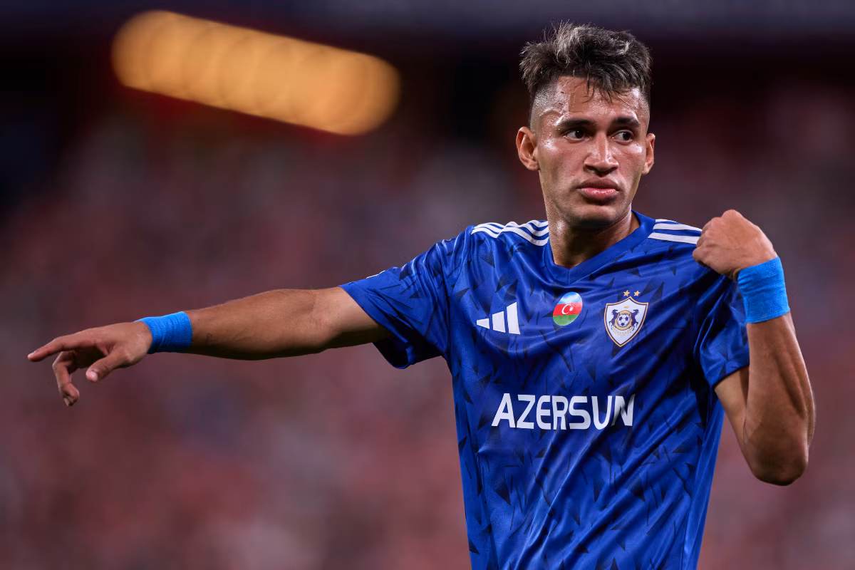 Camilo Duran of FK Qarabag, wearing the blue home kit. 