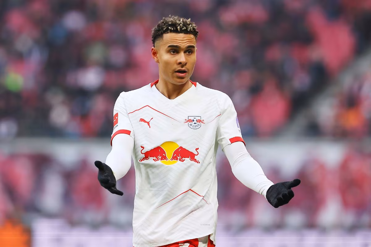 Antonio Nusa pictured in action for RB Leipzig.