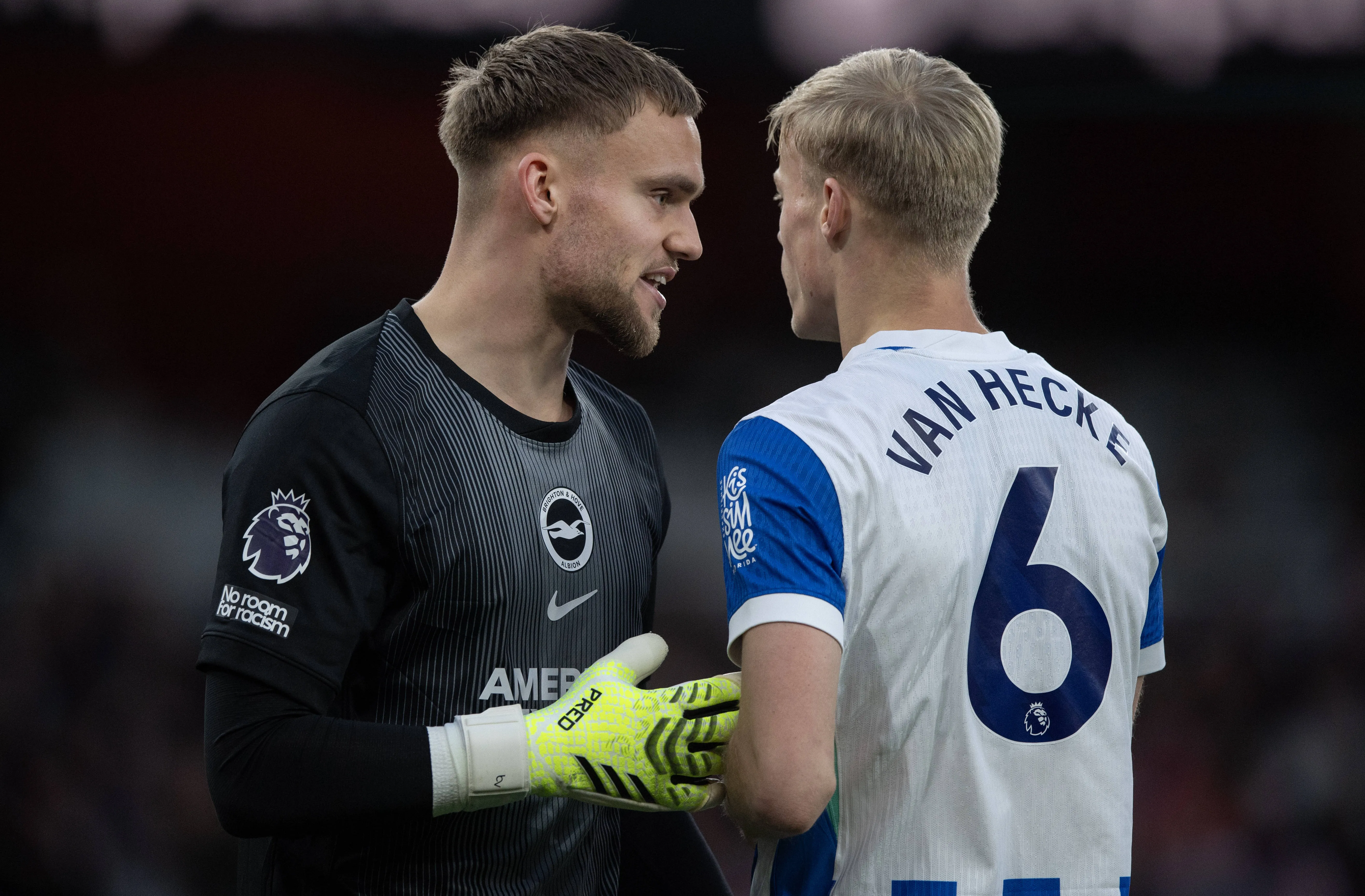 Brighton goalkeeper Bart Verbruggen and Jan Paul van Hecke