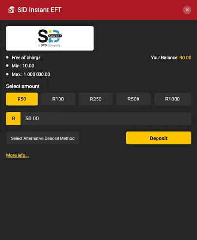 Deposit aR50 at BetOlimp via SID payment