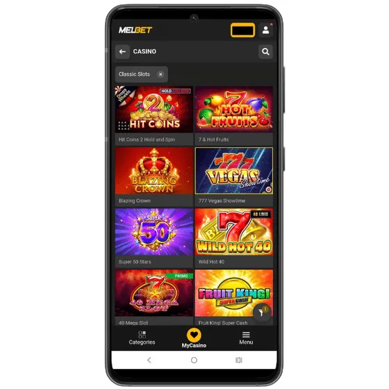Screenshot of the Melbet mobile site showing a variety of classic slot games in the casino section
