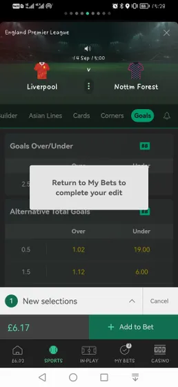 Pop up telling a better to complete his Bet365 Edit Bet.