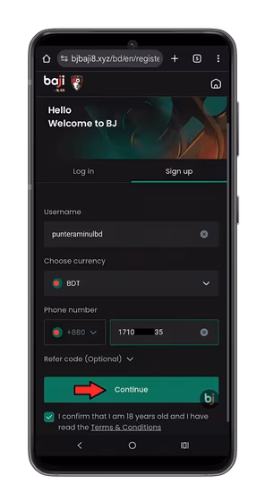 Screenshot showing the Baji registration screen on mobile with the username and phone number entered and a red arrow pointing at 'Continue'.