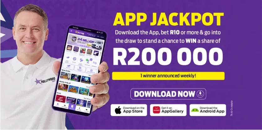 Hollywoodbets app jackpot promotion banner with App Store, AppGallery, and Android download options and R200,000 total prize pool.