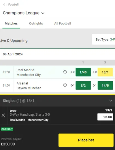 Cash out option on unibet - placing a bet on champions league match