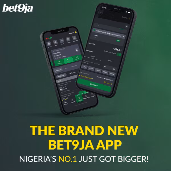 Promotional image for the Bet9ja app featuring two smartphones displaying the app interface. The text highlights &ldquo;The Brand New Bet9ja App&rdquo; with the tagline &ldquo;Nigeria&rsquo;s No.1 Just Got Bigger!&rdquo; against a green background.