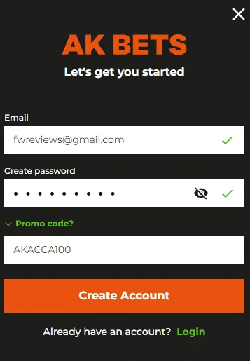 AK Bets - registration form and promo code