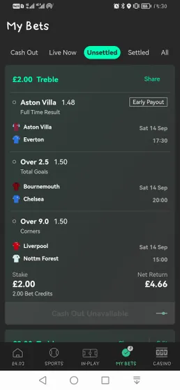 Pic of the final bet slip after using the Edit Bet feature on Bet365 mobile app.