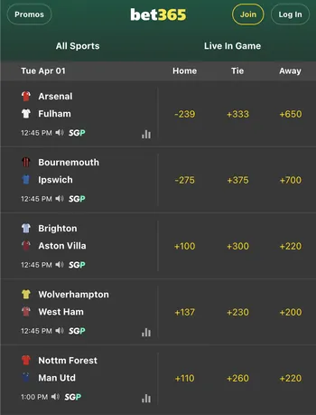 Bet365 Premier League Matches for ACCA selections