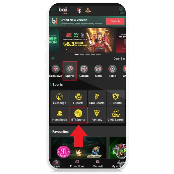 Arrow pointing at the BTi sportsbook on Baji mobile app
