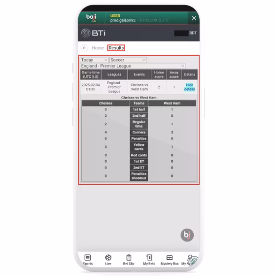 Match stats and results on Baji application