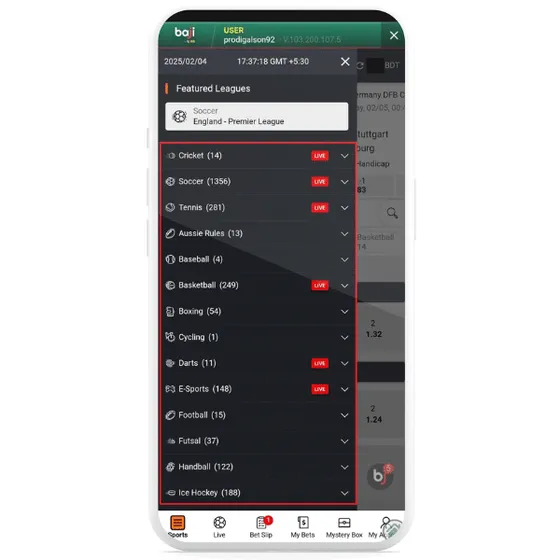 Sports betting options on Baji app