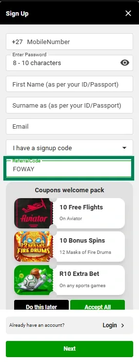 Betway sign up form with promo code FOWAY highlighted.